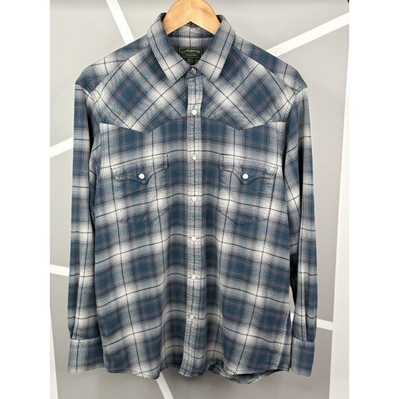 Filson Flannel Western Shirt Men’s L Pearl Snap Blue Gray Plaid Midweight - Picture 1 of 14